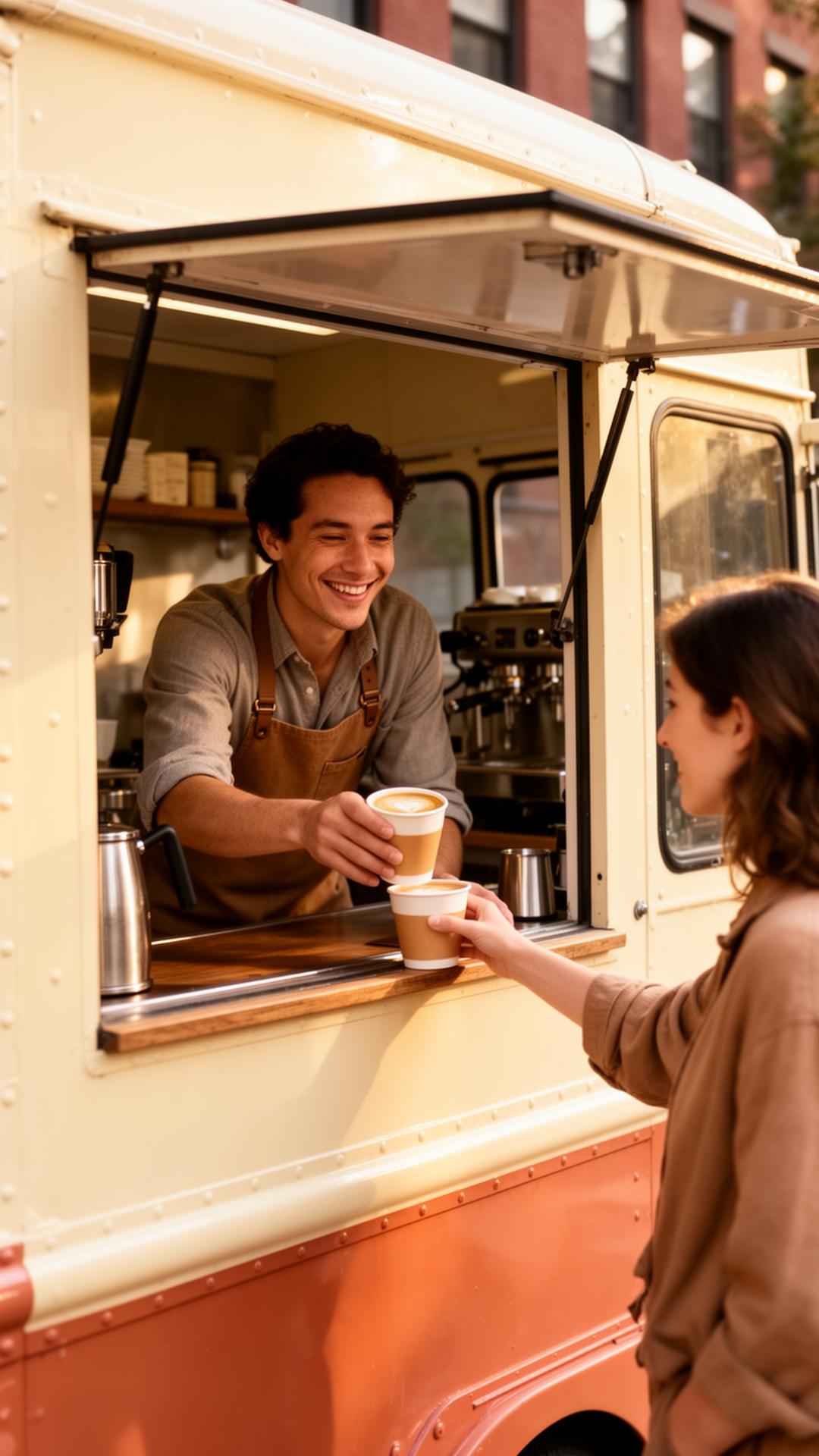 Barista serving coffee from the truck window